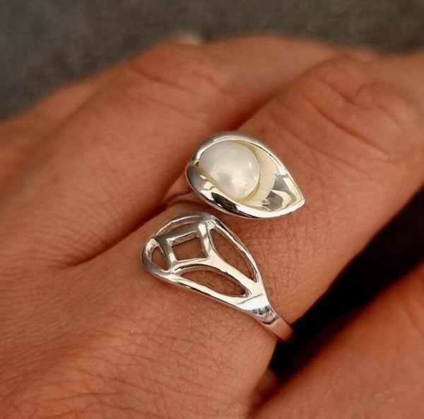 Pearl Adjustable Calla Lily 925 Sterling Silver ring