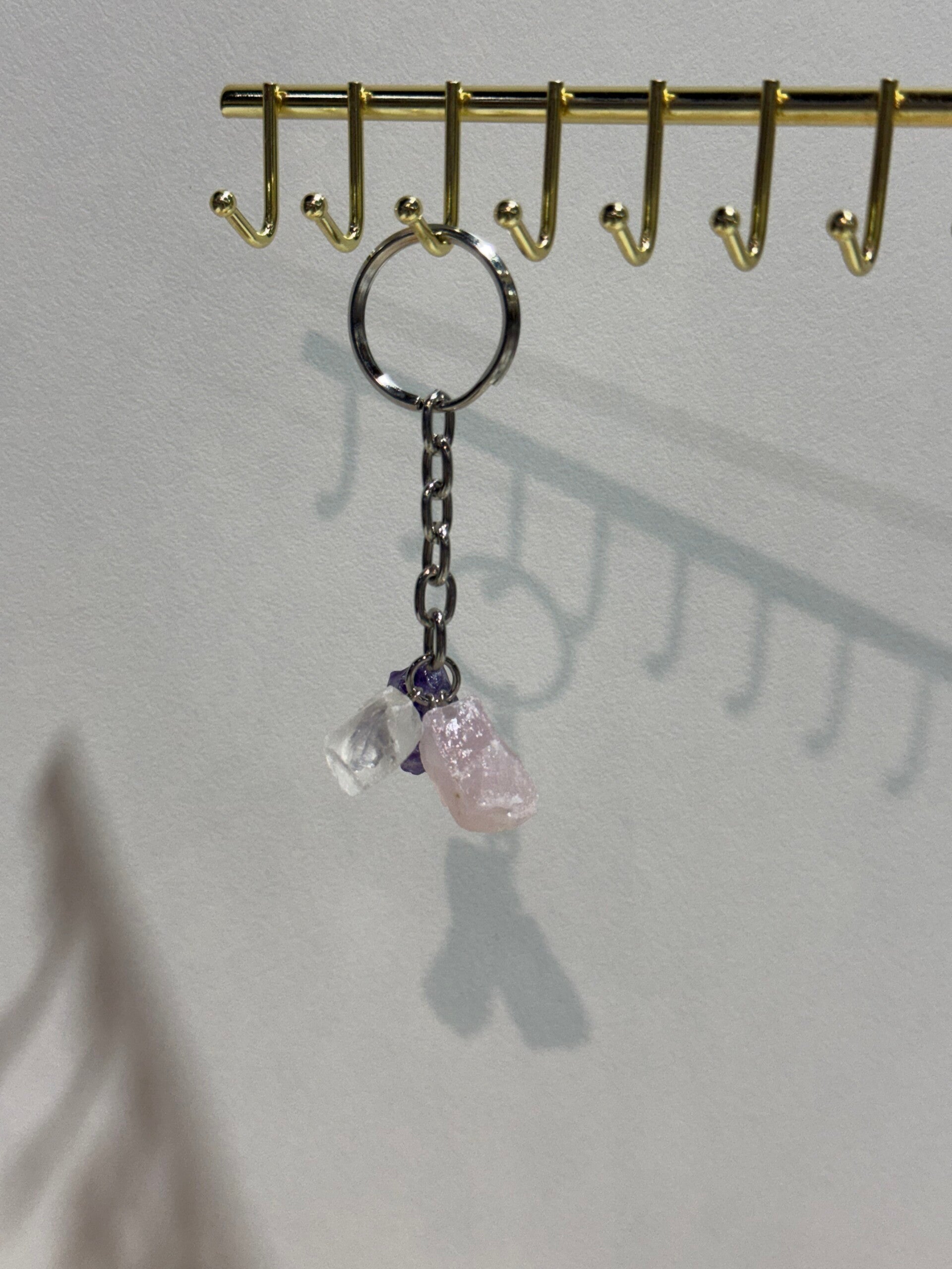 Golden Pare Keychain - clear Quartz, Amethyst & Rosequartz