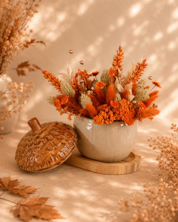 Bloemstuk droogbloemen - Herfst eikel - Herfstgloed - bruine pot