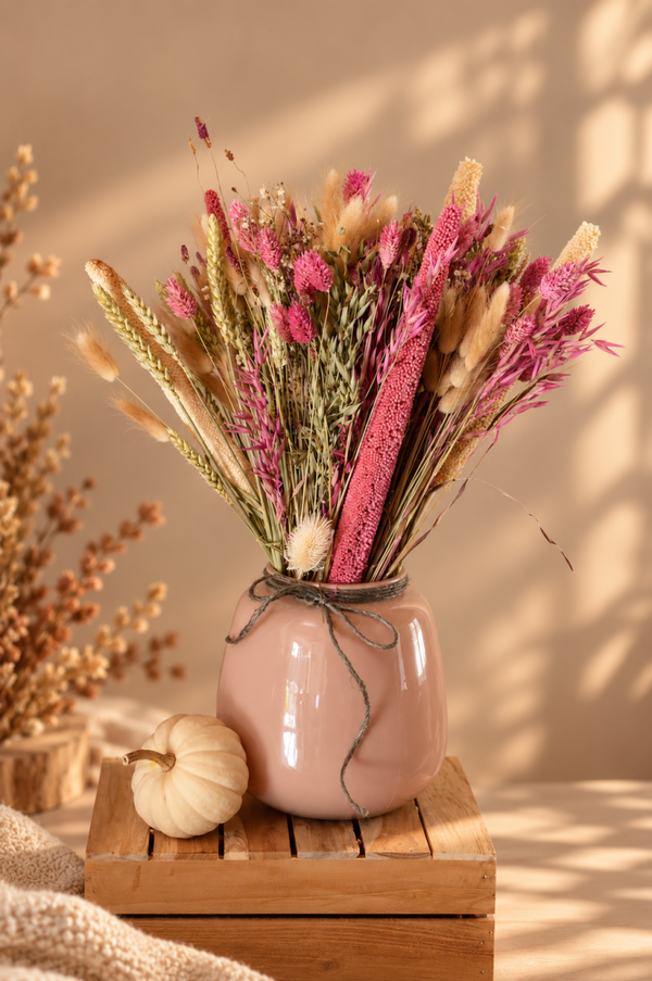 Droogbloemen boeket incl vaas Roze