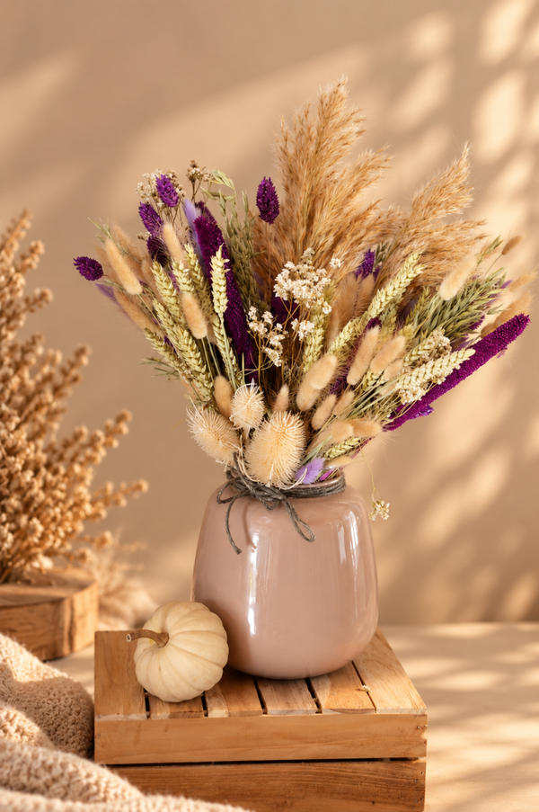 Droogbloemboeket incl Vaas Paars