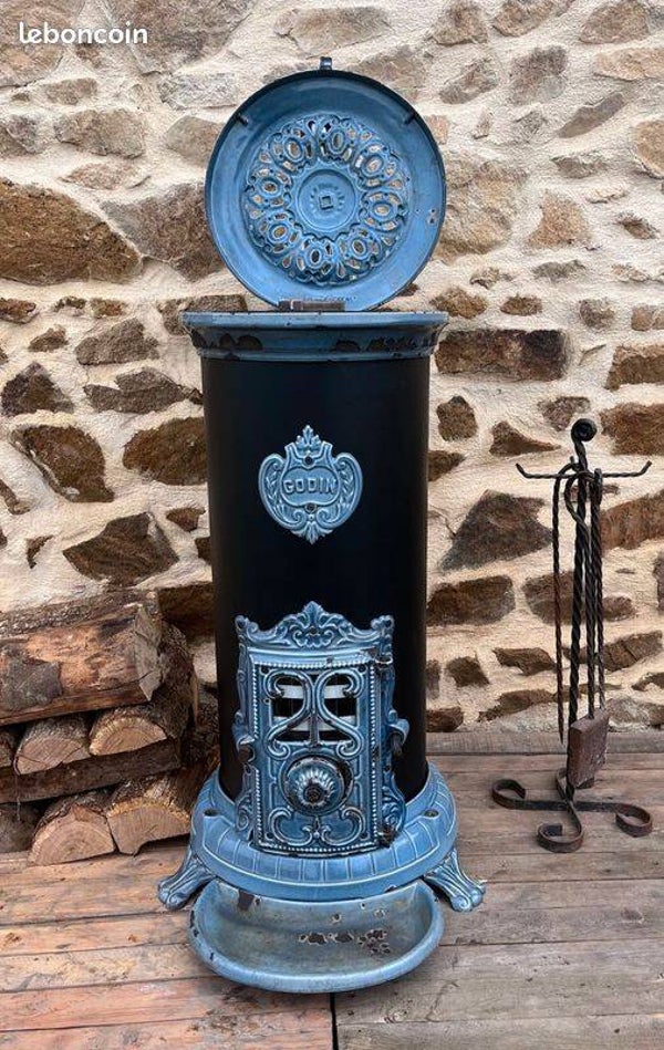 Poêle à bois Godin modèle 3721A - Bleu Majolique, Grand Rond