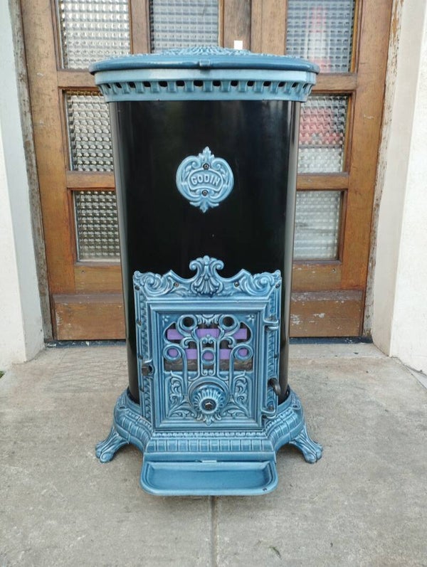 Poêle Godin 3727 briques réfractaires Noir/Bleu Majolique sortie 125mm 7Kw