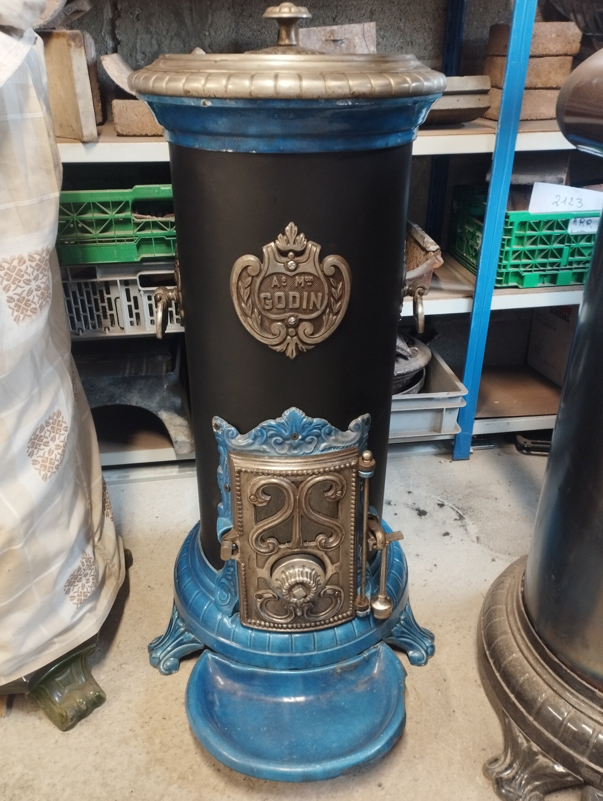 Poêle Godin rare ancien modèle 2123 Bleu Nickelé années 1930