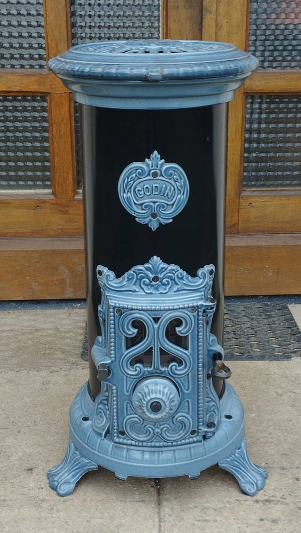 Poêle a bois Godin 3720A émaillé Bleu Majolique restauré 4kw Bûche 40cm