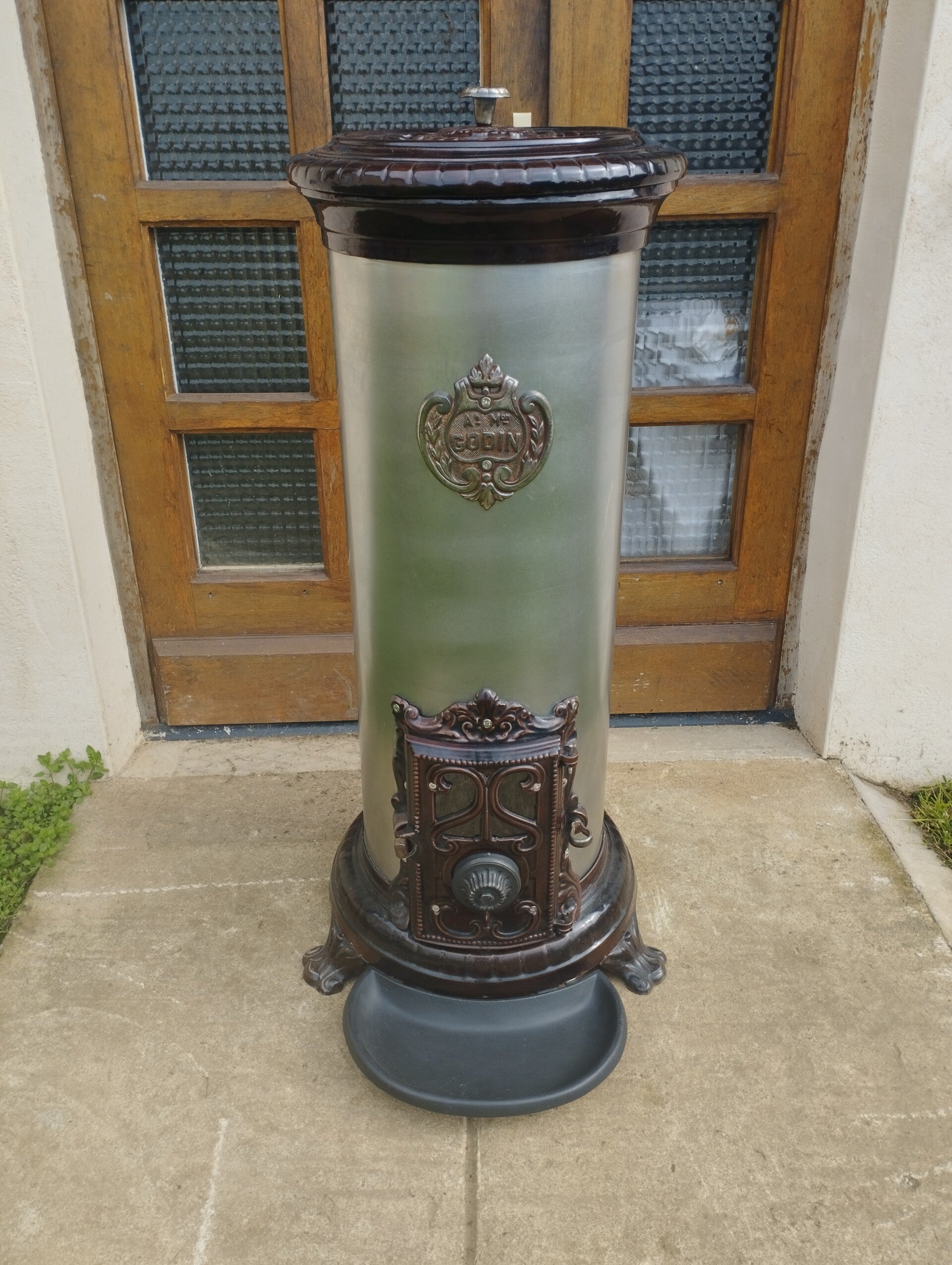 Poêle Godin modèle 125 agrandit bûches 70cm puissance 13kw Brun ancien Fût inox