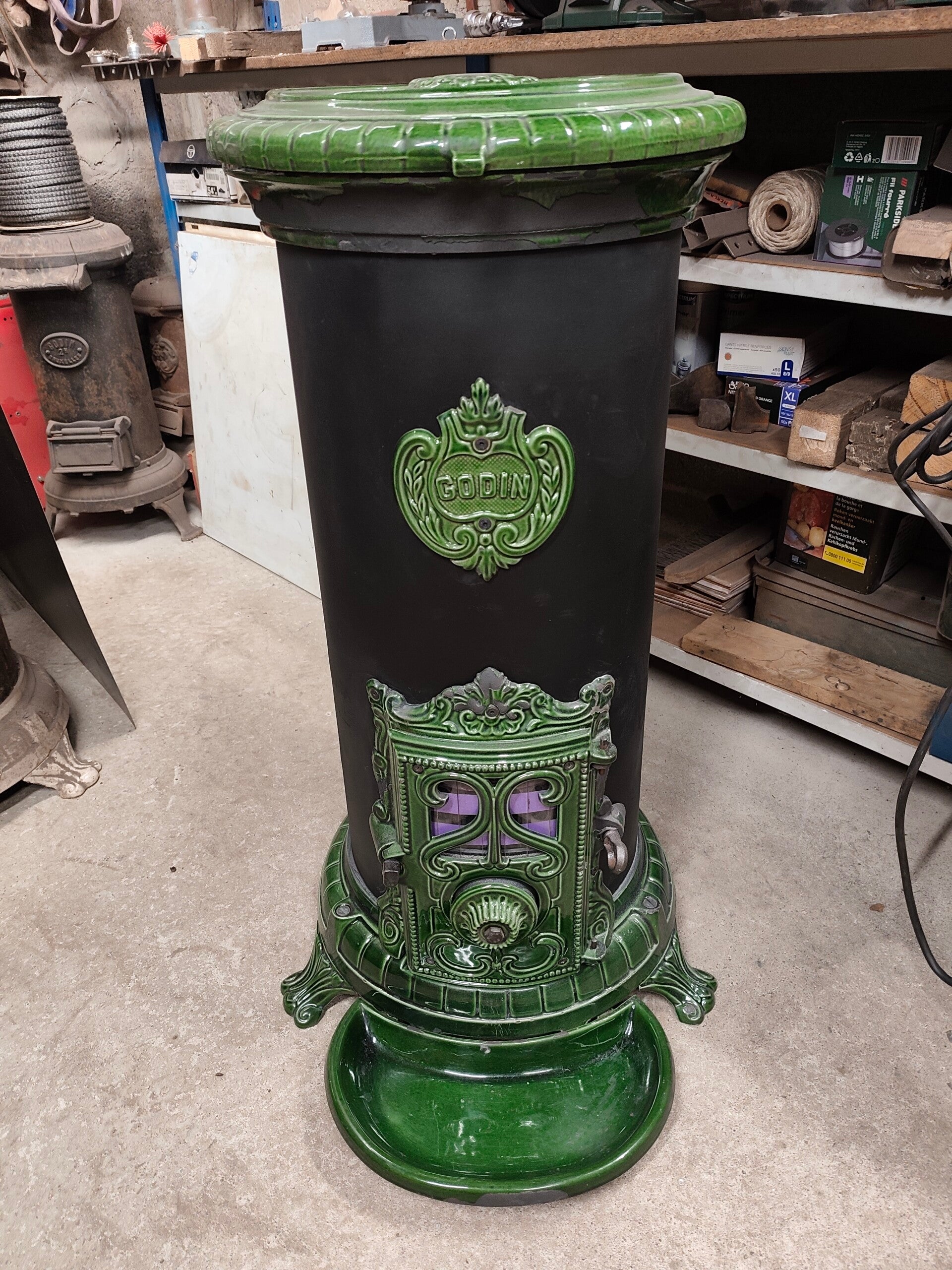 Poêle à bois Godin Grand rond 3721A 6.5kw bûches 50cm Vert majolique sortie 125mm
