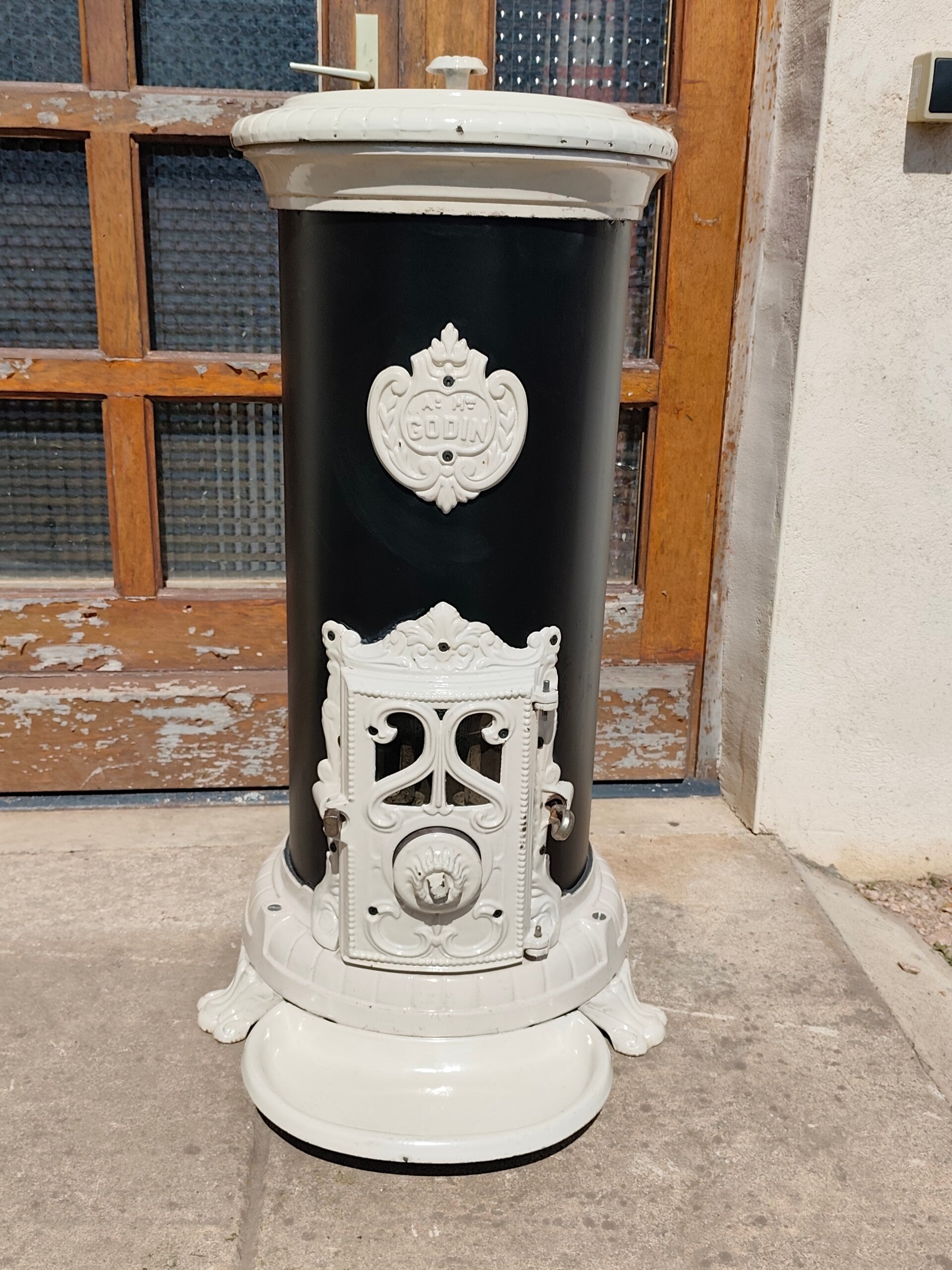 Poêle à BOIS Godin 124/3721 Emaillé Blanc et noir grand rond sortie 111mm 10Kw