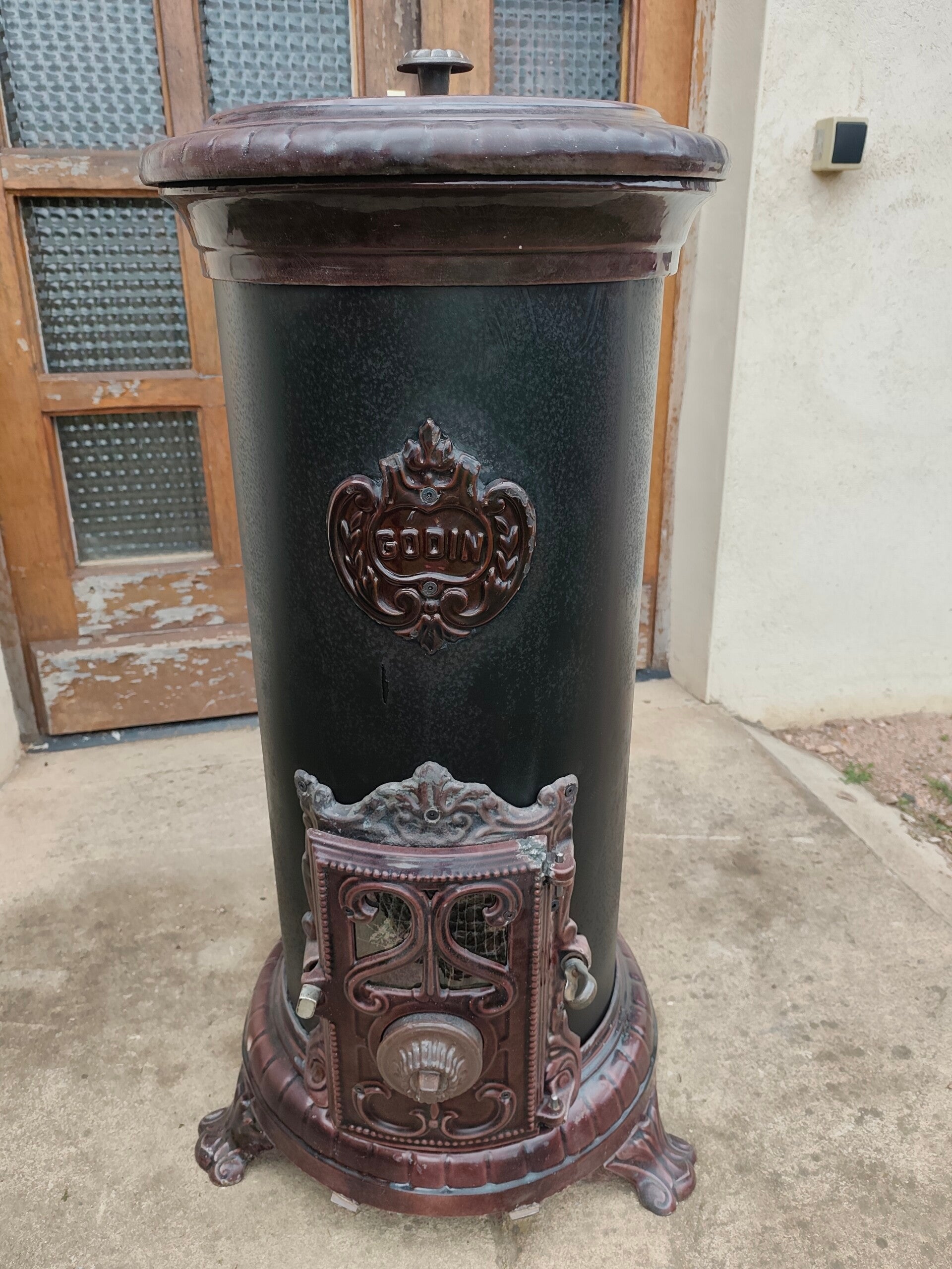 Poêle à BOIS Godin 3721 / 124 Emaillé brun majolique BON ETAT sortie111mm 10kw