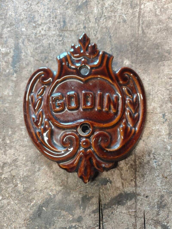 Blason poêle à bois Godin 14cm grand modèle 3721 A BRUN MAJOLIQUE TBE