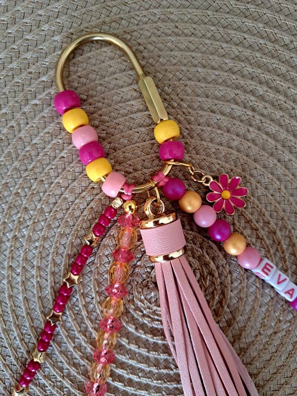 Tas/sleutelhanger Roze-geel - met naam (aanpasbaar) - goudkleurig