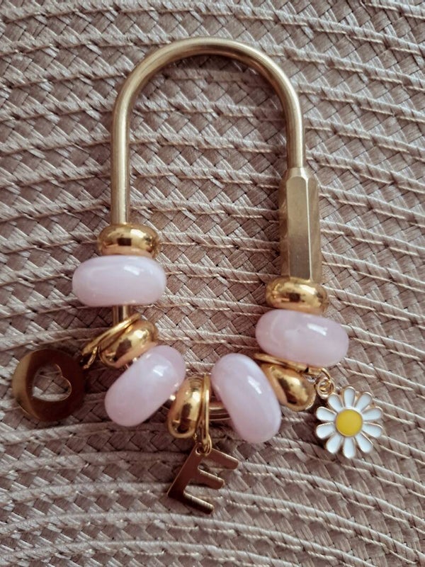 Tas/sleutelhanger Roze - hartje/bloem/letter - goudkleurig