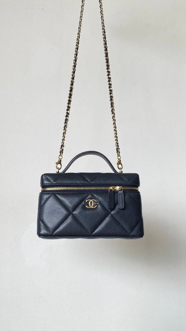 Chanel 25k Black Quilted Caviar Top Handle Slim Vanity Crossbody Bag