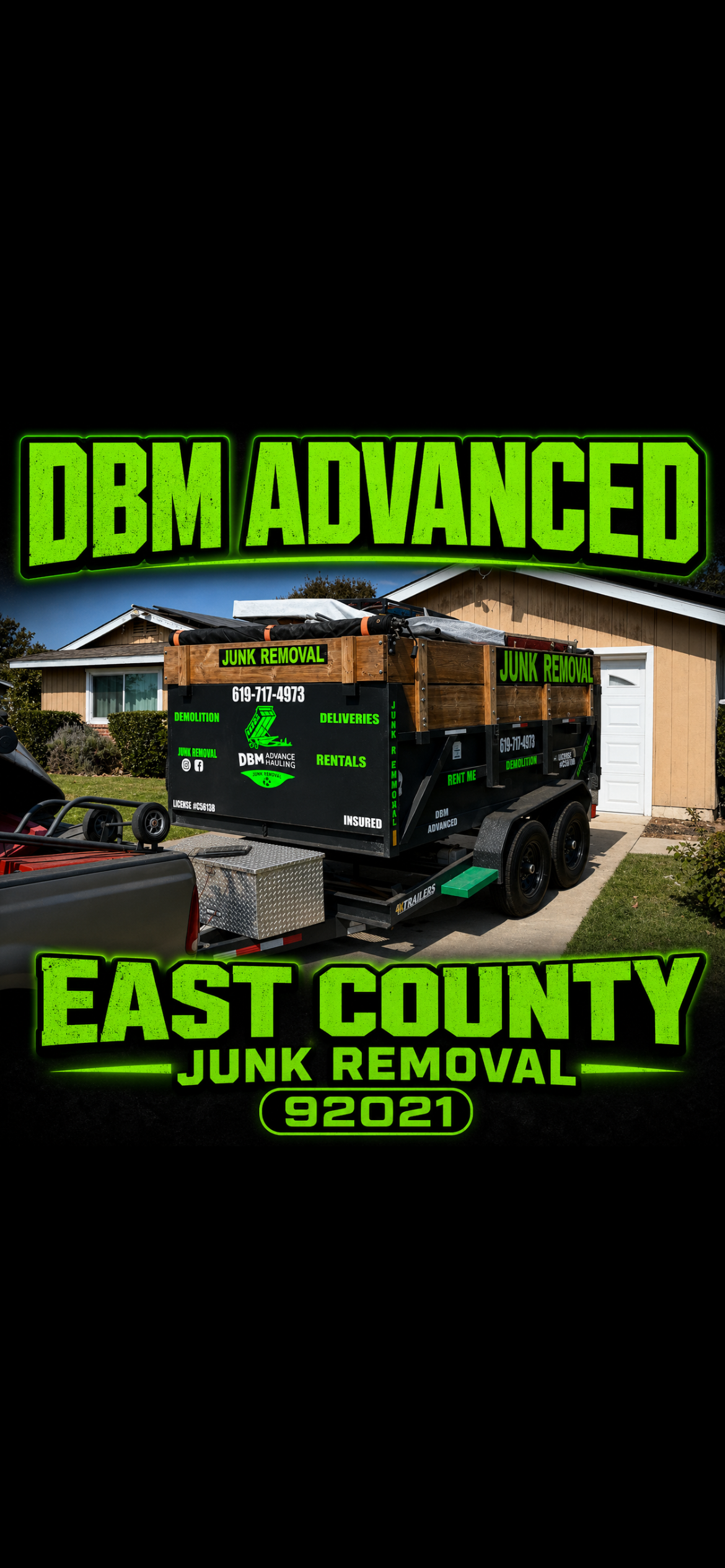 DBM Advanced Junk Hauling dump trailer unloading wooden pallets and construction debris at a site in El Cajon, California.