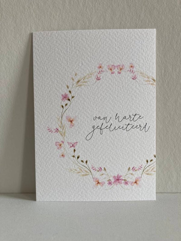 Kaart 'van harte gefeliciteerd, bloemenkrans'
