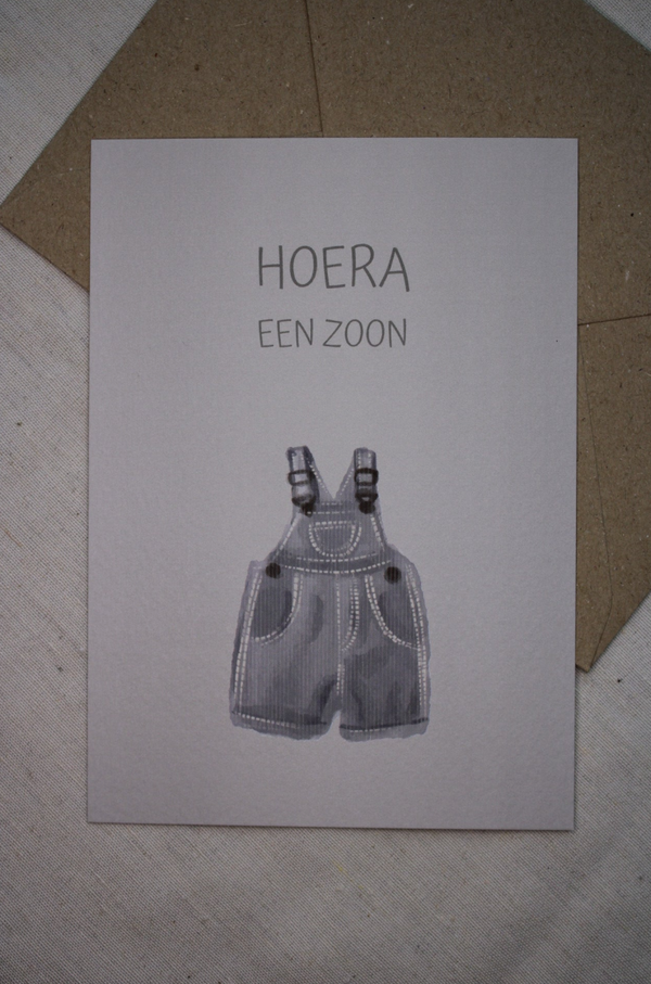 Kaart 'hoera een zoon, tuinbroek'