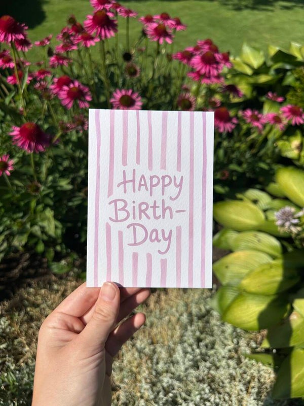 Kaart 'happy birthday, paarse streepjes'