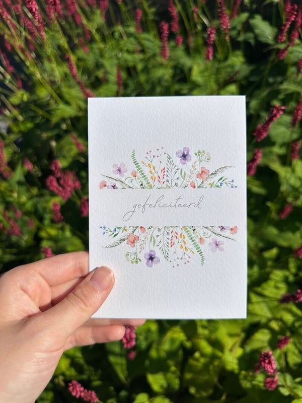 Kaart 'gefeliciteerd, bloemetjeskader'