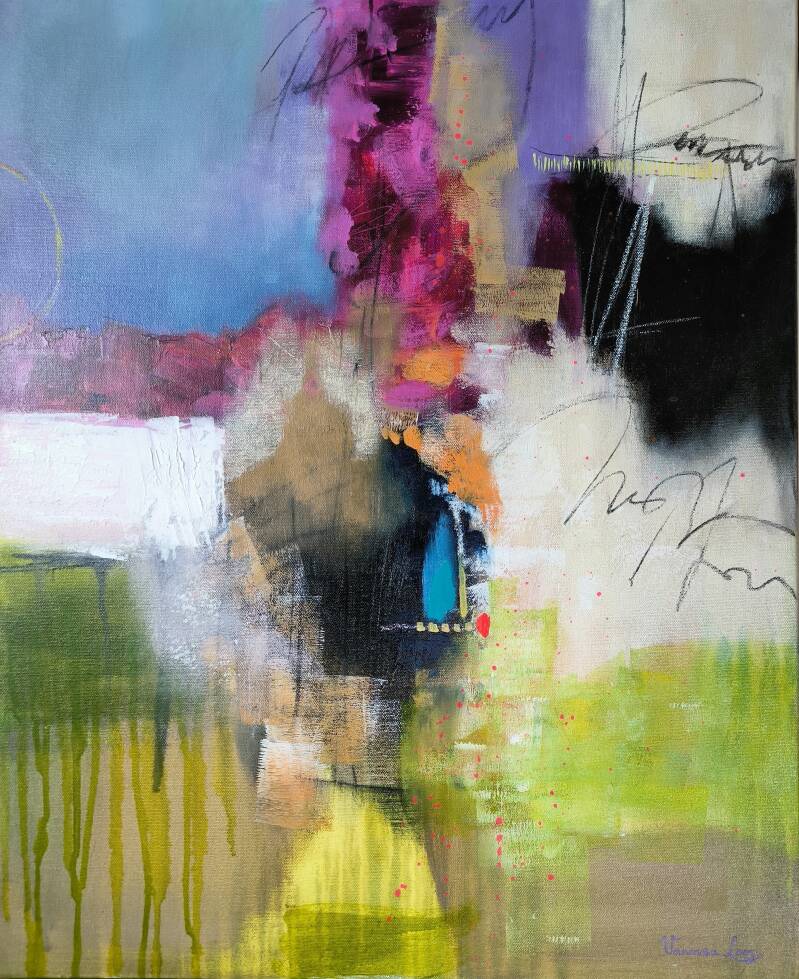 "Blue Flame", peinture acrylique et mix media de Vanessa Loos. Composition abstraite colorée avec des nuances de bleu, violet et vert
