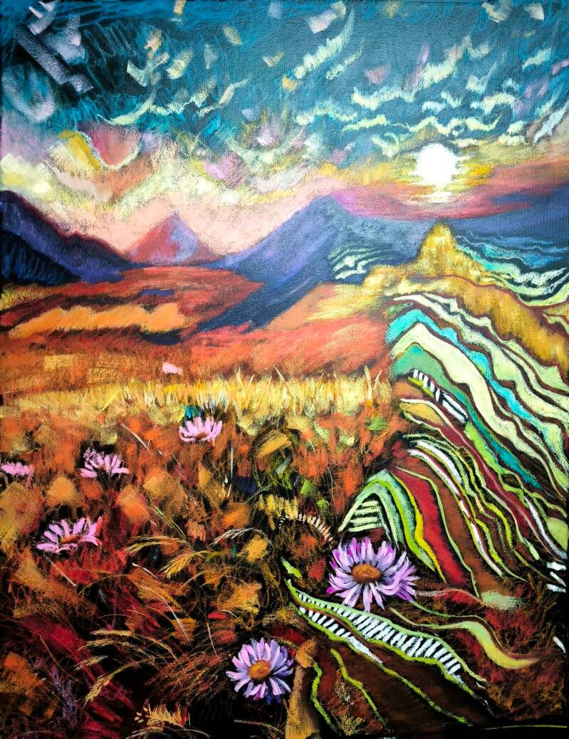 "Color Dream", peinture à l'huile de Vanessa Loos. Composition semi abstraite colorée avec des tons orangé et bleu sur fond noir