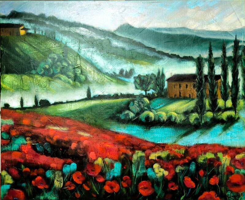 "Réveil sous la brume", peinture à l'huile de Vanessa Loos. Composition paysage Toscan avec un champ de coquelicots dans des tons rouges et verts