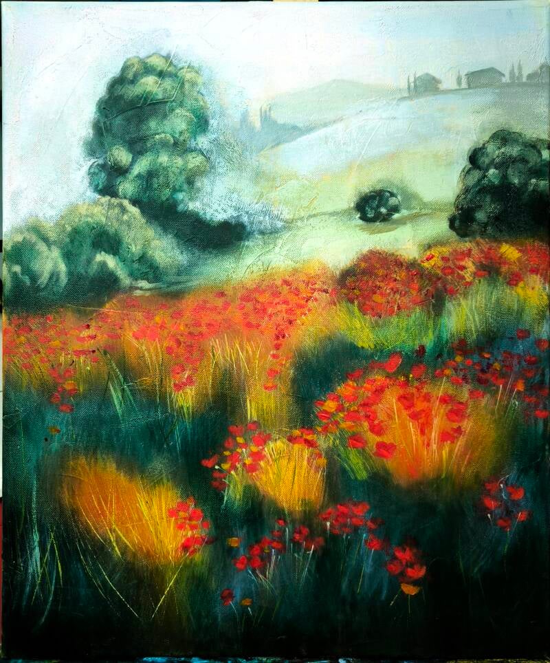 "Printemps dans la brume", peinture acrylique de Vanessa Loos. Composition d'un paysage Toscan dans la brume dans les tons colorés rouges et verts