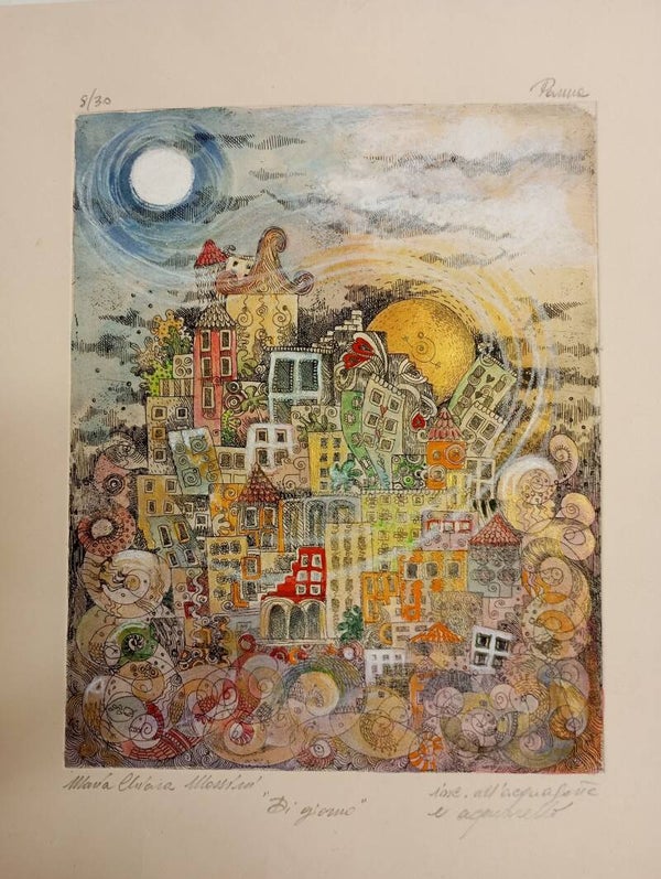 Incisione all'acquaforte e ad acquarello