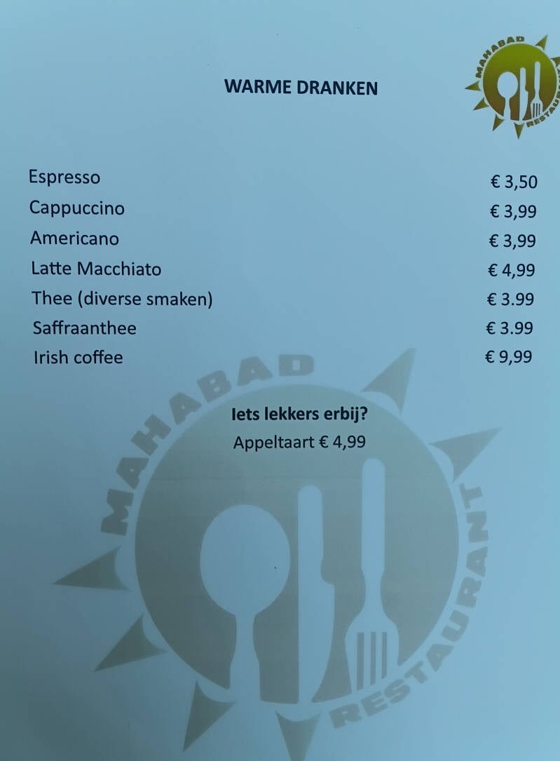 Foto van het menukaart met warm dranken bij Royal Zevenaar 