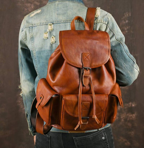 Men's Retro Top Grain Cowhide Backpack, Original Hand-Washed Genuine Leather, Casual Travel Bag, Vegetable Tanned Leather