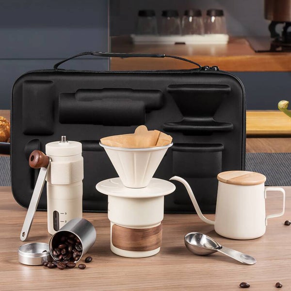Portable pour-over coffee set, suitable for camping.