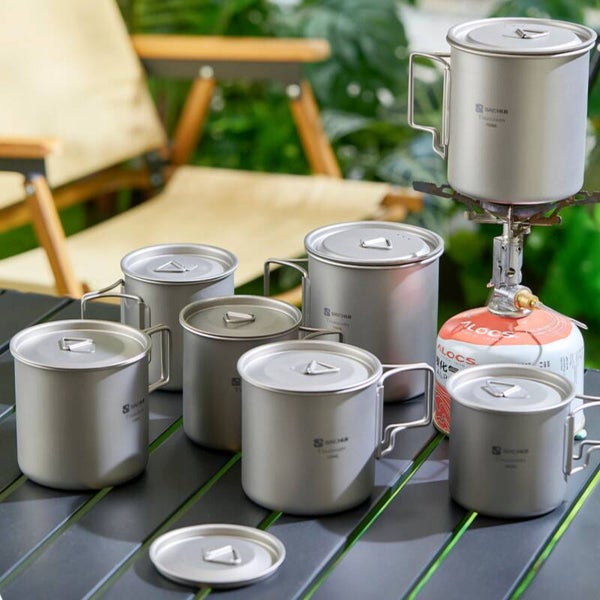 Outdoor titanium mug, pure titanium mug, portable camping coffee mug, titanium metal camping folding water bottle set.