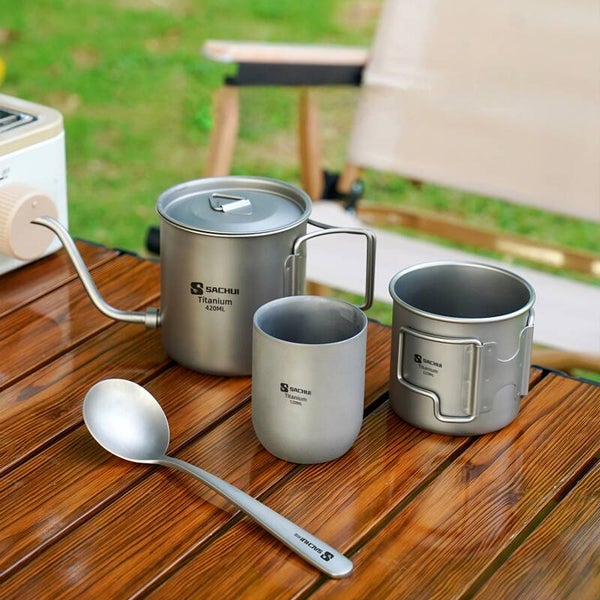 Pure titanium pour-over coffee maker set, folding spout, narrow mouthpiece, suitable for home and outdoor use.