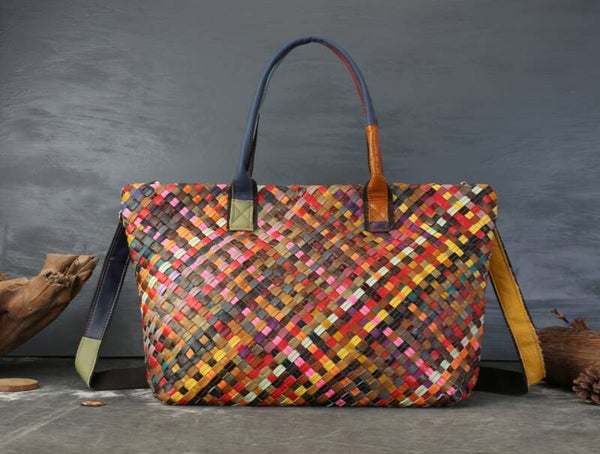Original design colorful woven bag, niche light luxury cowhide woven large capacity commuter shoulder bag/handbag/tote bag