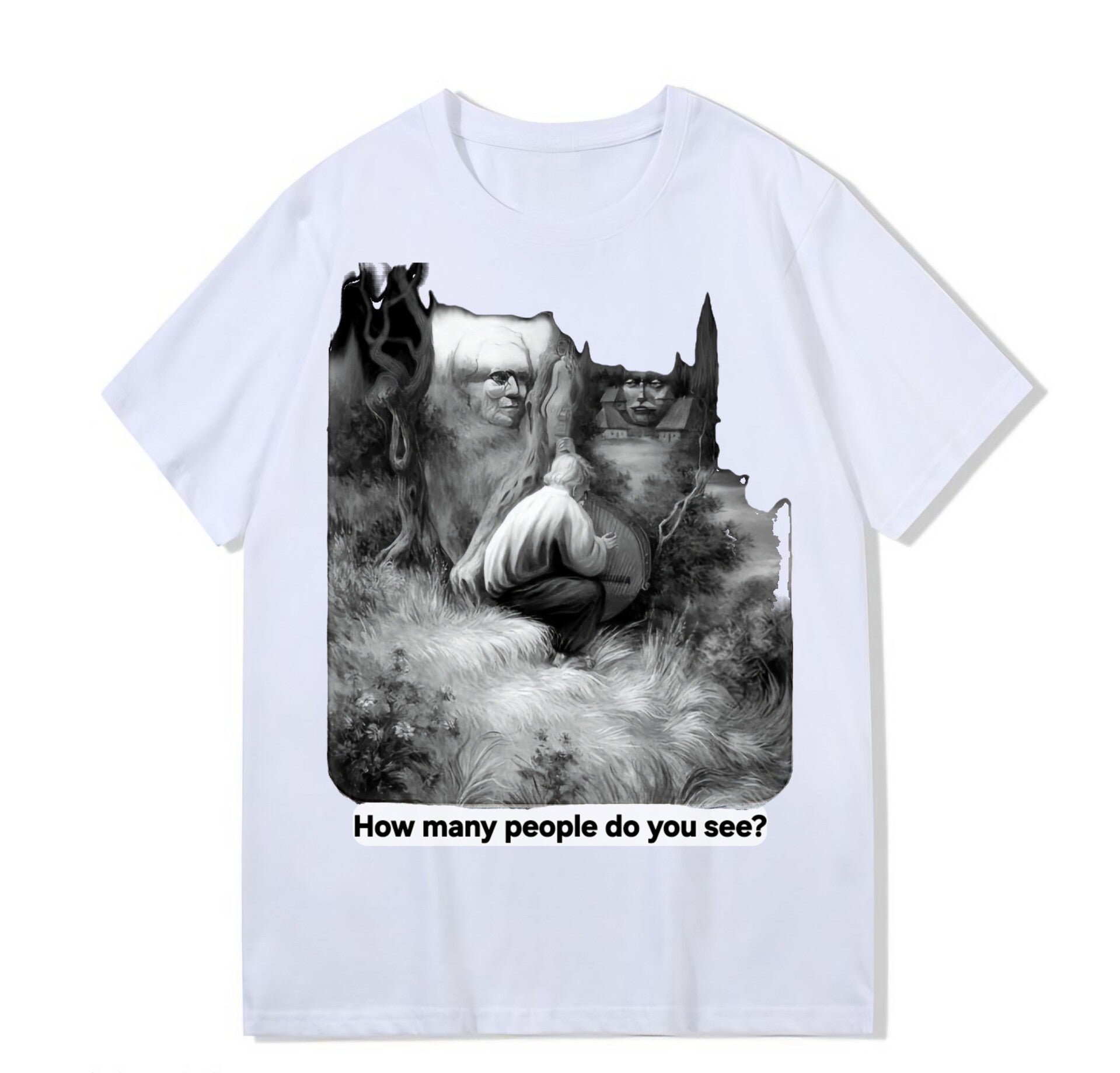 Heavy weight 300g optical Illusion 100% cotton T-shirt ​digital textile printing; people in the village