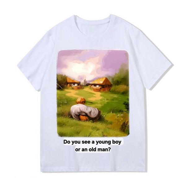 Heavy weight 300g optical Illusion 100% cotton T-shirt ​digital textile printing; child and old man