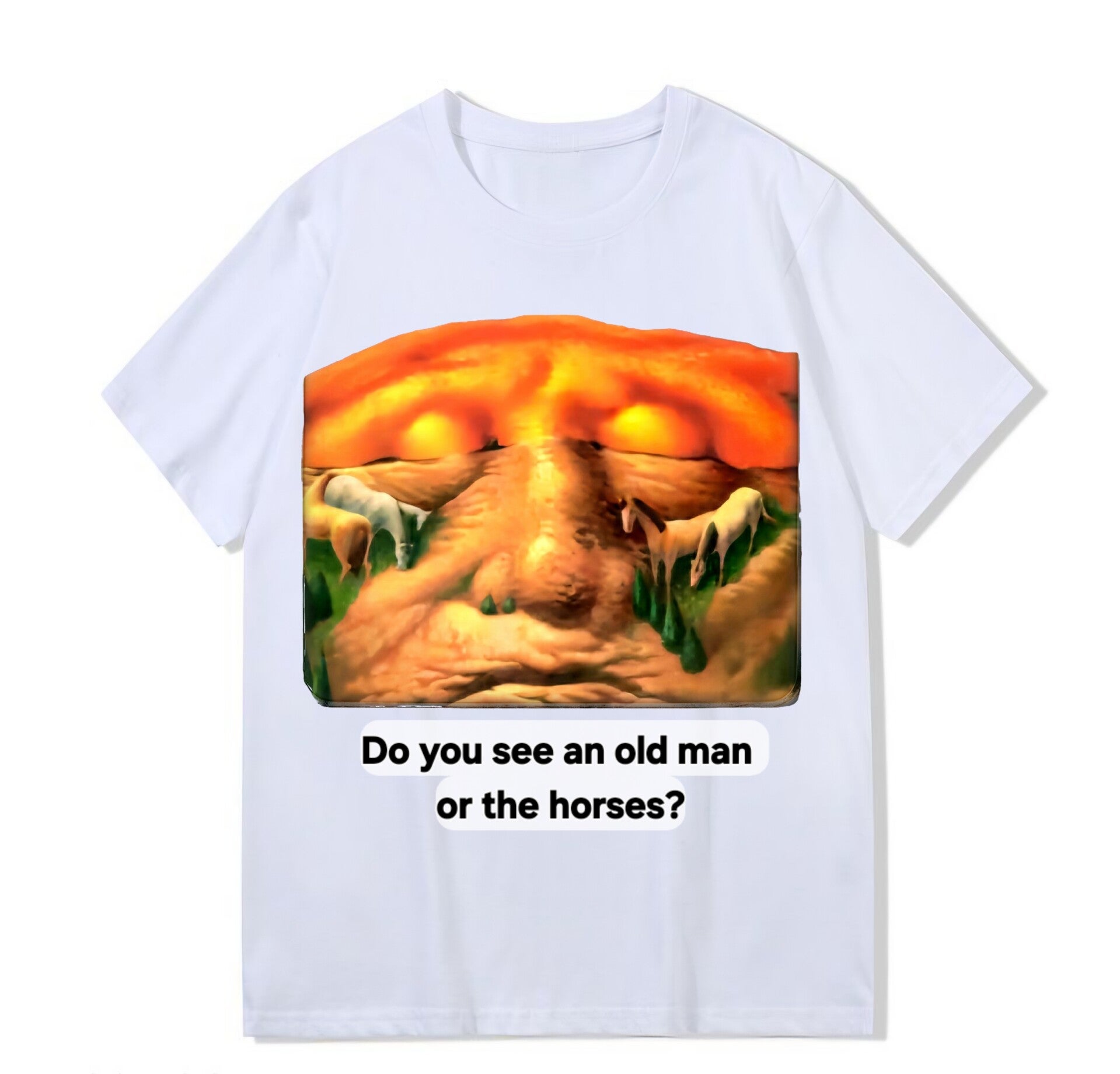 Heavy weight 300g optical Illusion 100% cotton T-shirt ​digital textile printing; horses on an old man's face