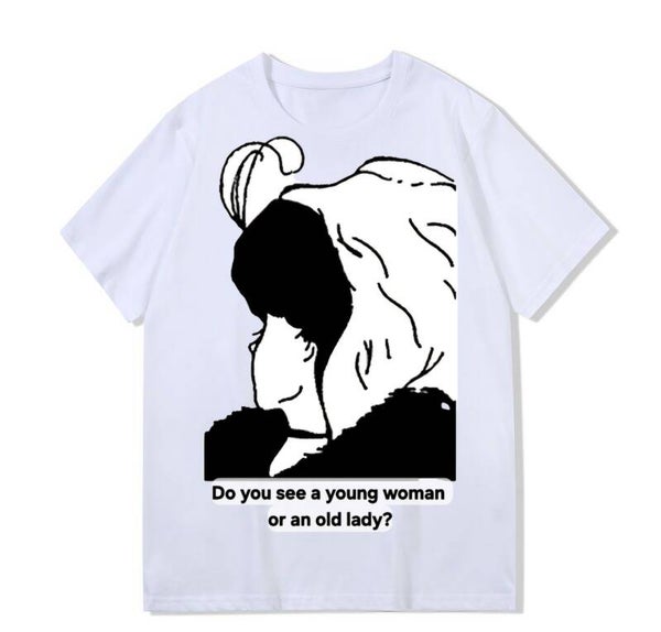 Heavy weight 300g optical Illusion 100% cotton T-shirt ​digital textile printing; young girl and old woman