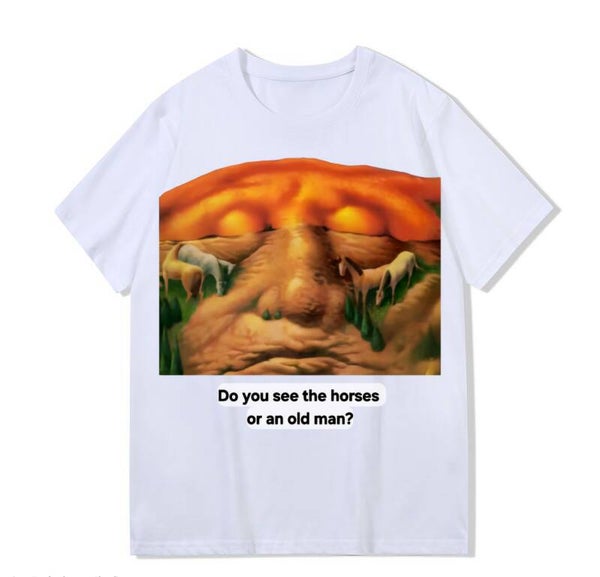 Heavy weight 300g optical Illusion 100% cotton T-shirt ​digital textile printing; horses on an old man's face