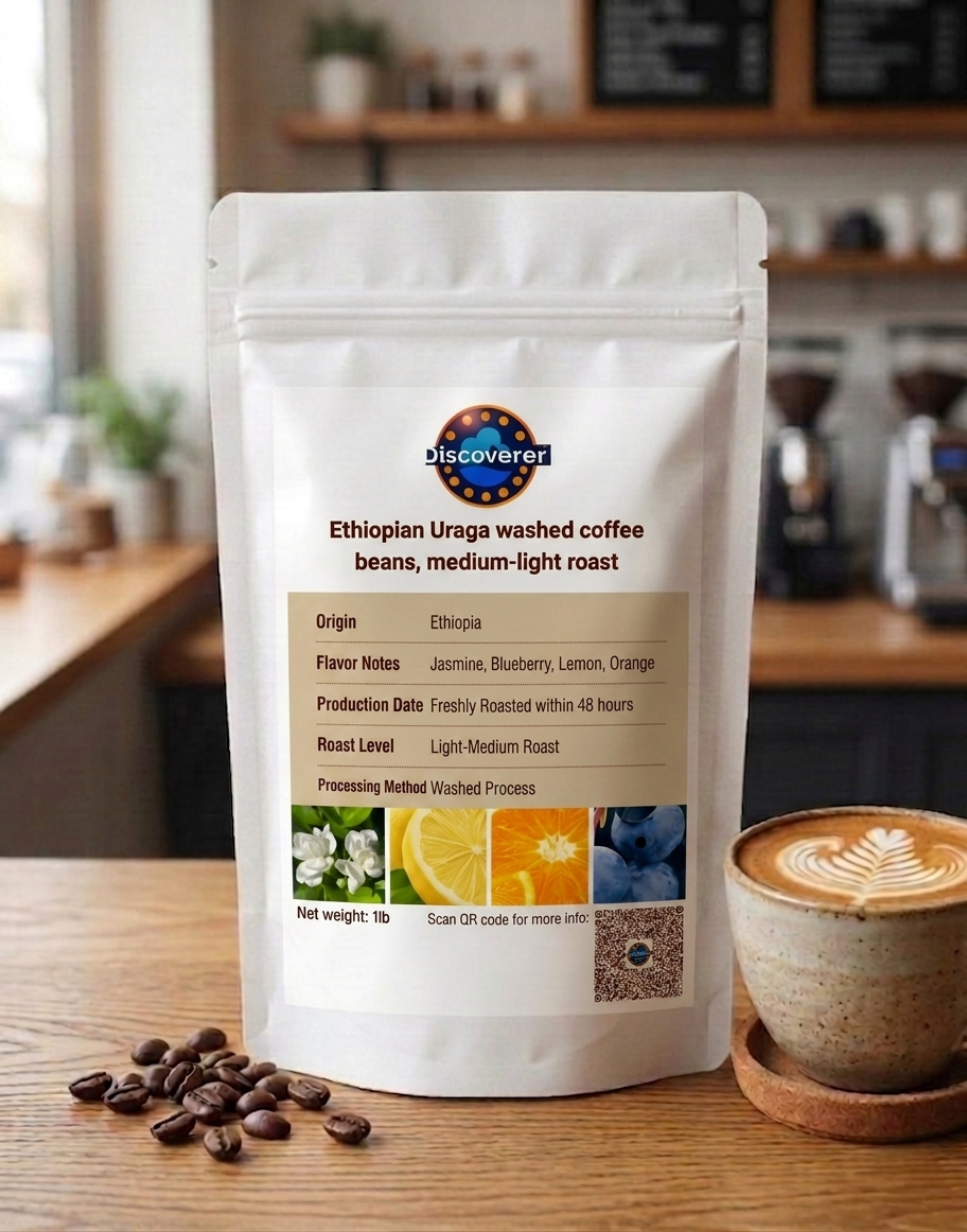 Ethiopian Uraga washed coffee beans, specialty hand-drip cold brew, moka pot, medium-light roast