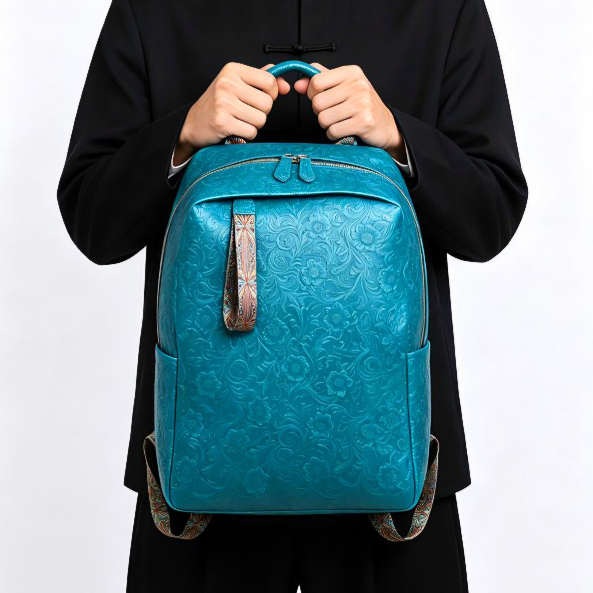 Original niche design Handmade full-grain leather car key pouch, mini zipper key holder, top-grain leather coin pouch backpack with arabesque pattern, made of top-grain leather, perfect for commuting or as a laptop bag