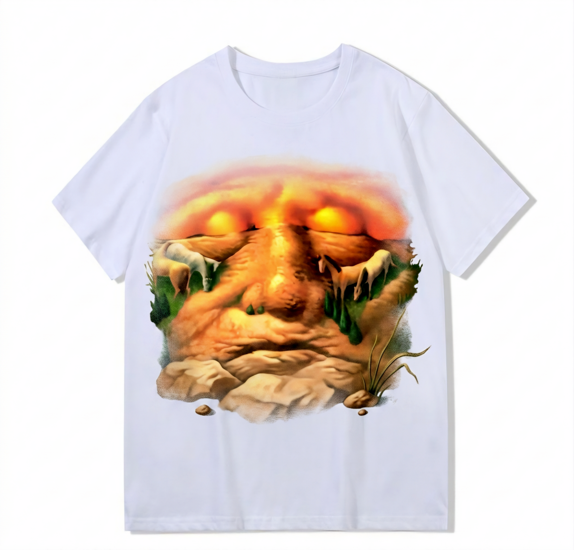 Heavy weight 300g optical Illusion 100% cotton T-shirt ​digital textile printing; horses on an old man's face