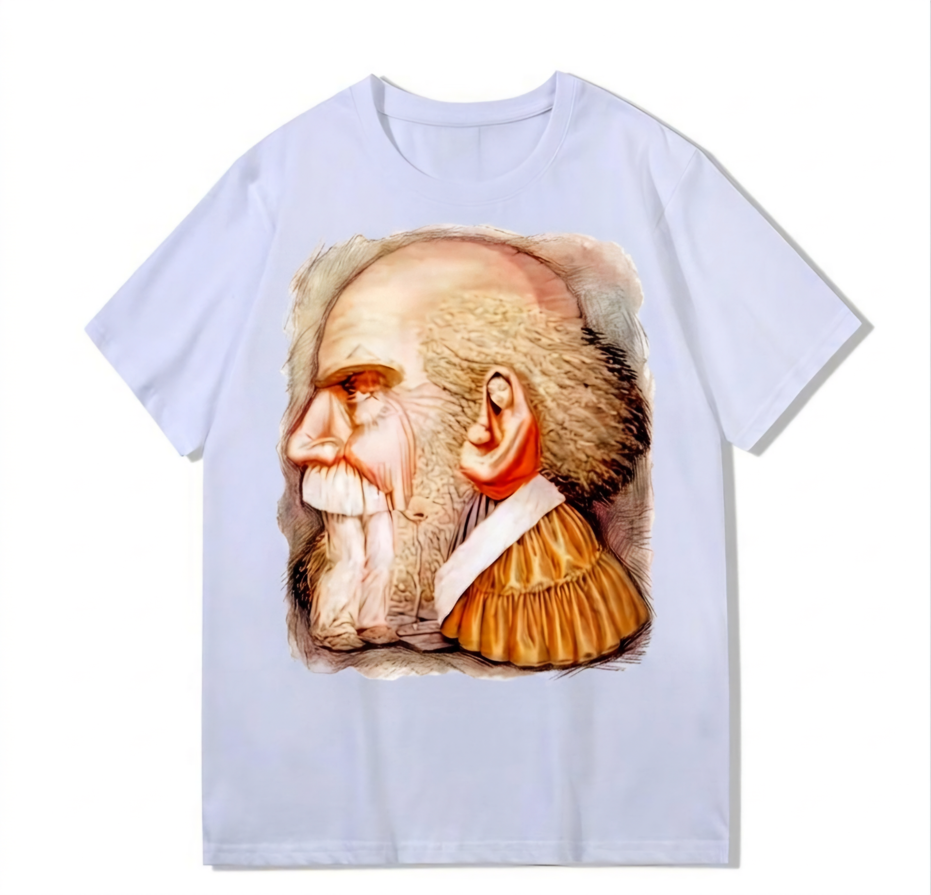 Heavy weight 300g optical Illusion 100% cotton T-shirt ​digital textile printing; an elderly man and a woman holding a baby