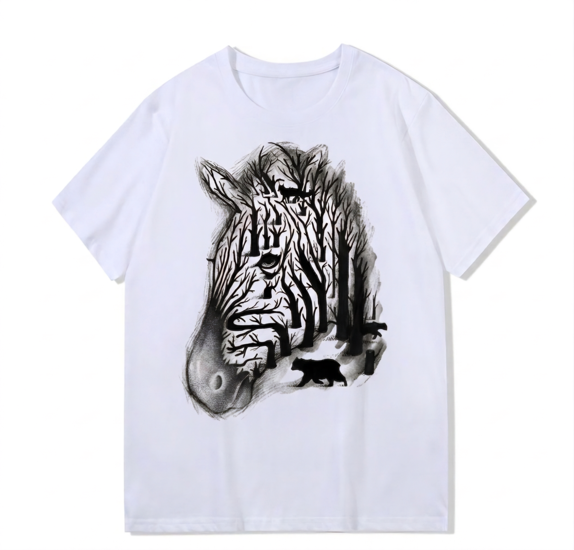 Heavy weight 300g optical Illusion 100% cotton T-shirt ​digital textile printing; animals in the Horse Head Forest