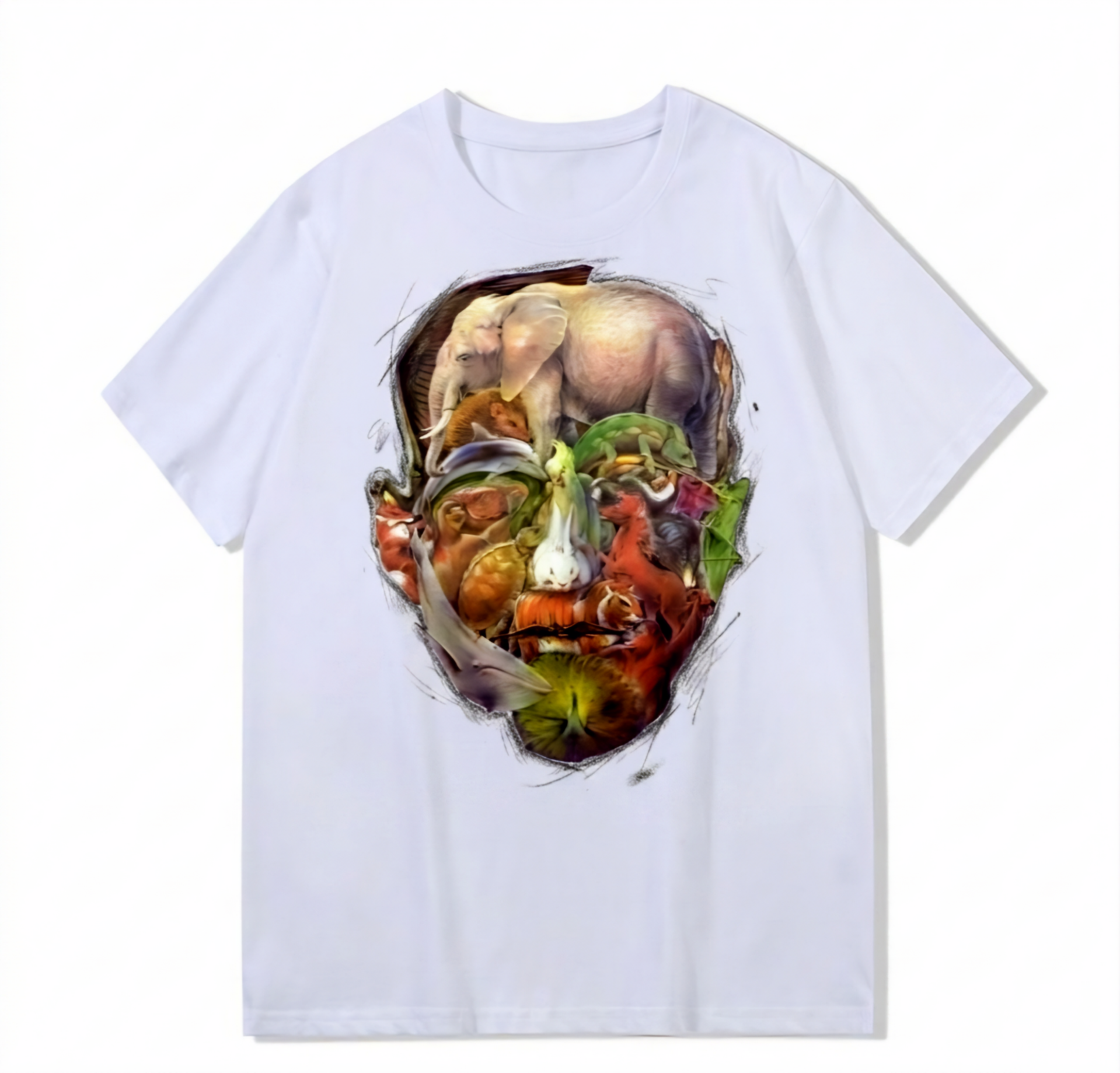 Heavy weight 300g optical Illusion 100% cotton T-shirt ​digital textile printing; human head animal world