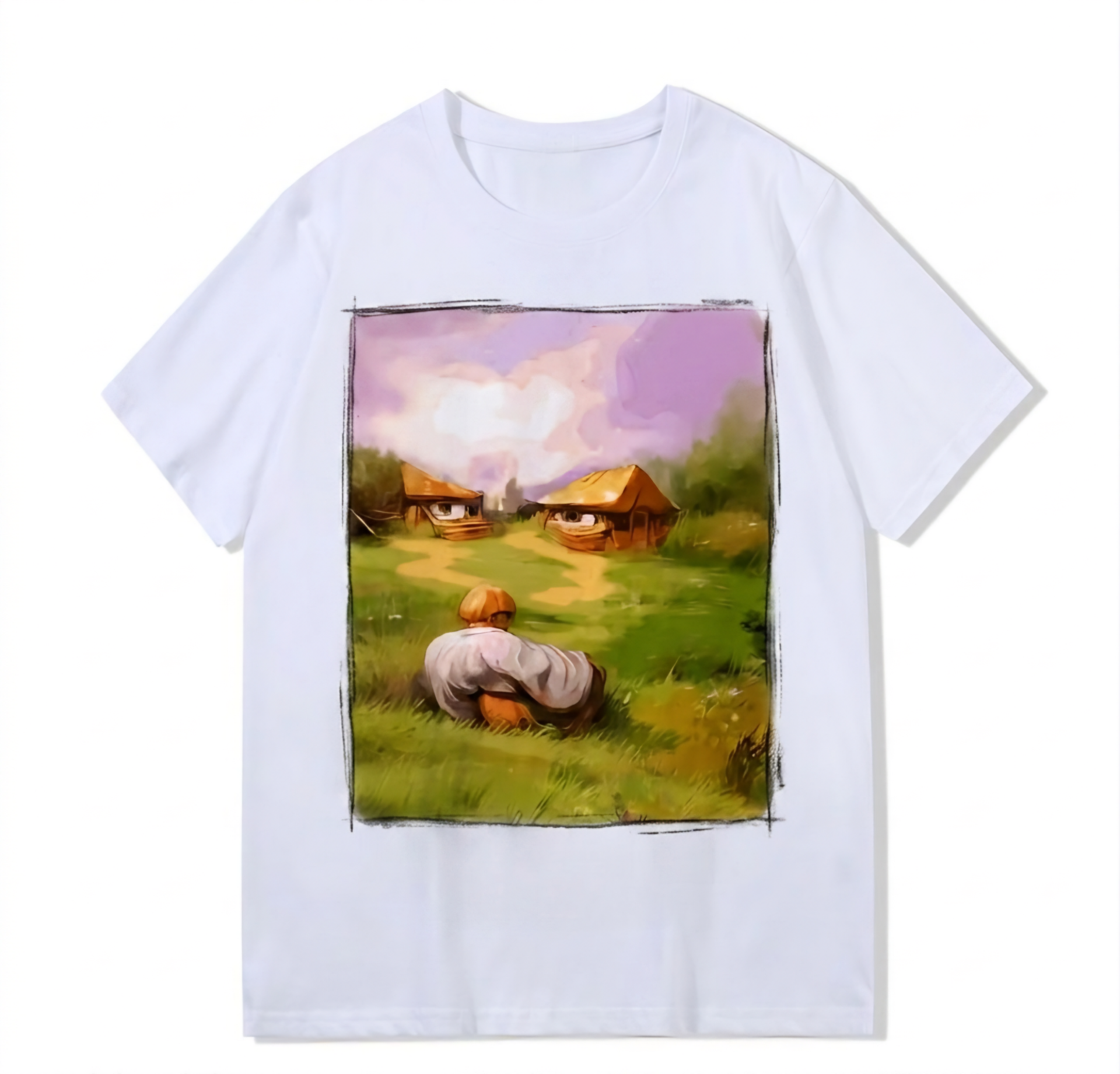 Heavy weight 300g optical Illusion 100% cotton T-shirt ​digital textile printing; child and old man