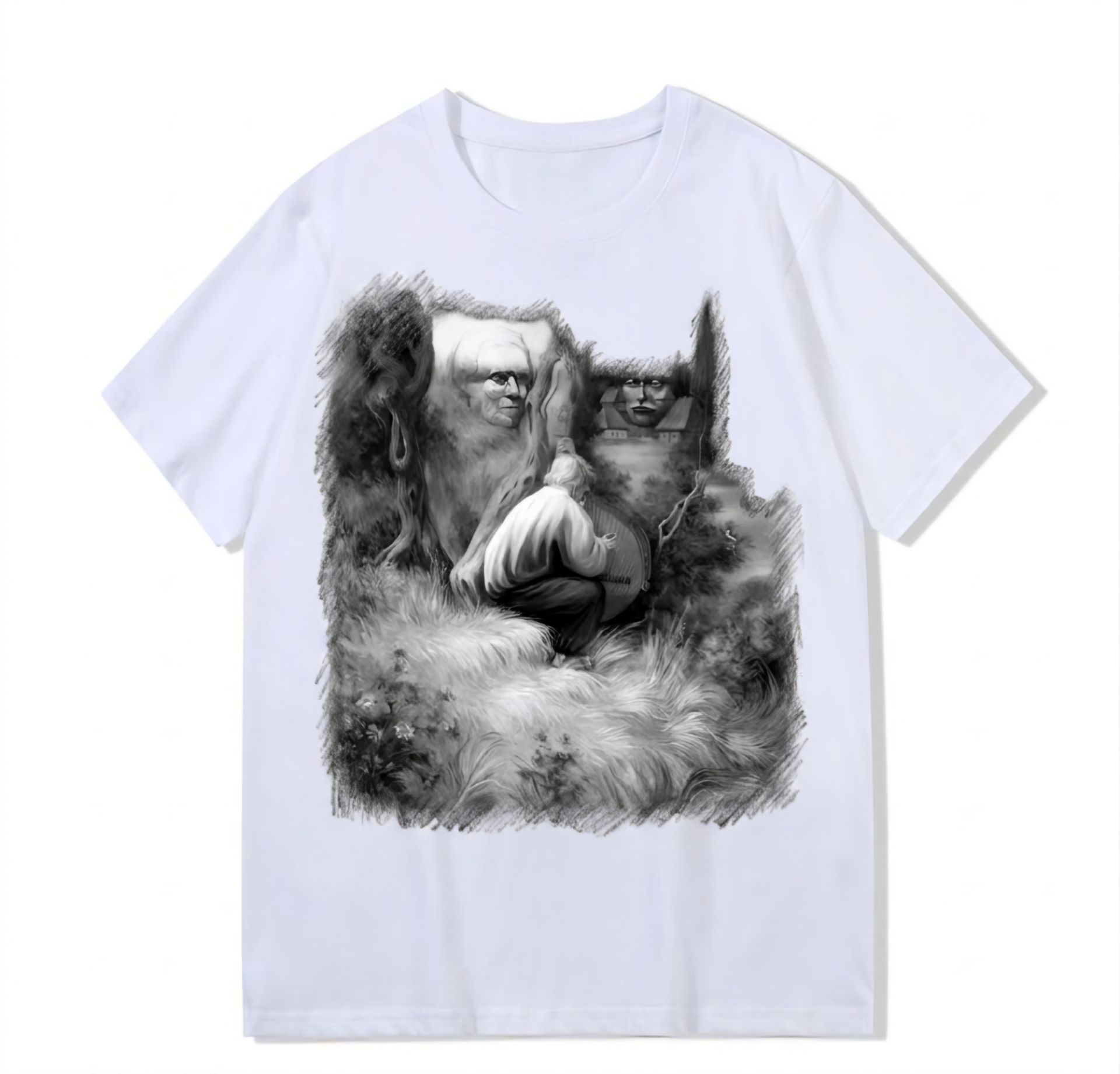Heavy weight 300g optical Illusion 100% cotton T-shirt ​digital textile printing; people in the village