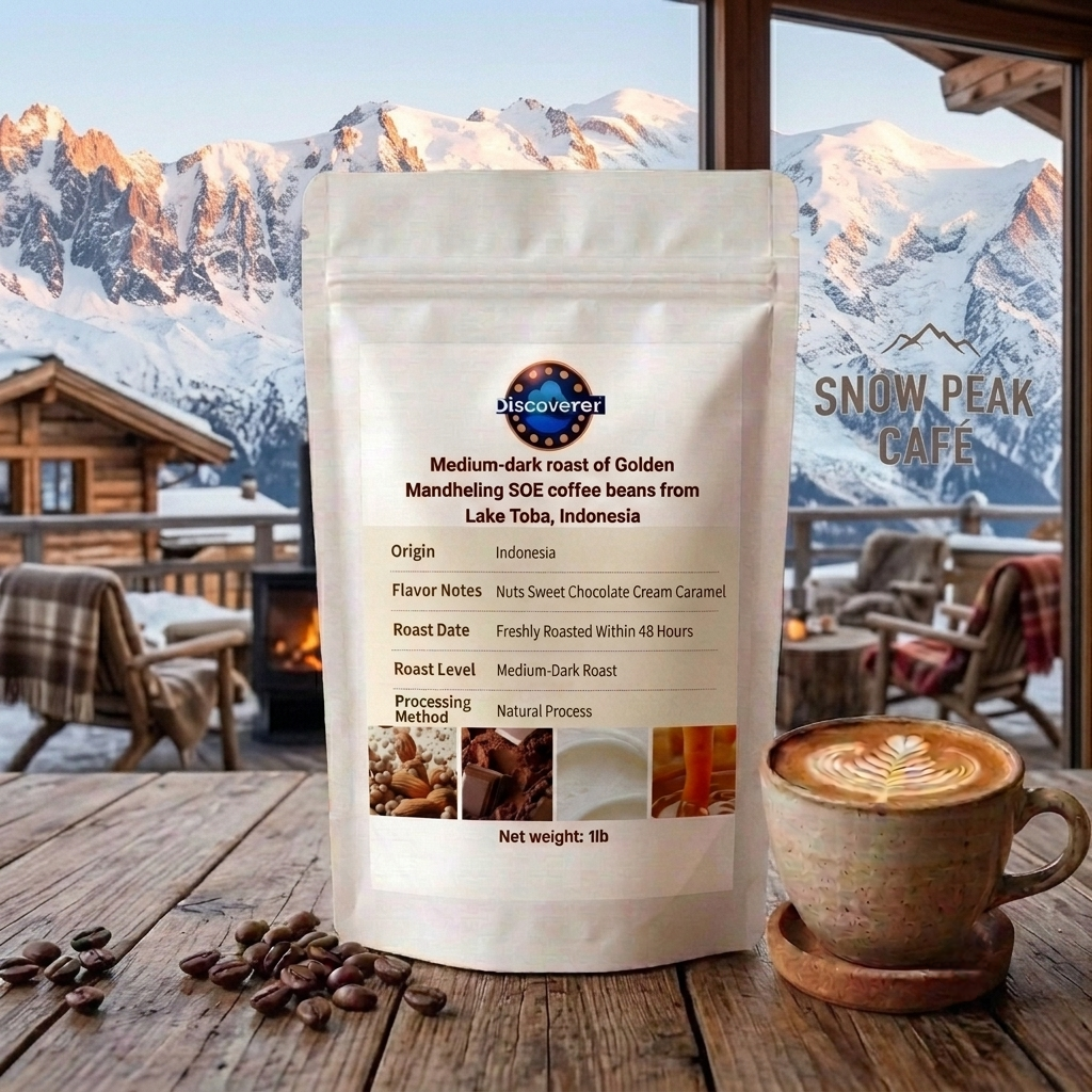 Medium-dark roast of Golden Mandheling SOE coffee beans from Lake Toba, Indonesia