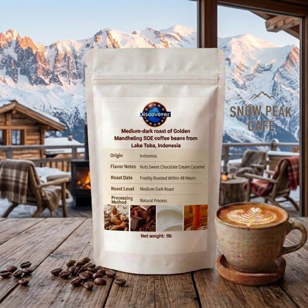 Medium-dark roast of Golden Mandheling SOE coffee beans from Lake Toba, Indonesia