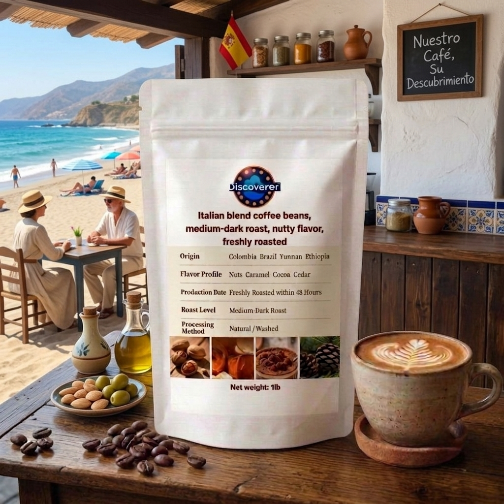 Italian blend coffee beans, medium-dark roast, nutty flavor, freshly roasted.