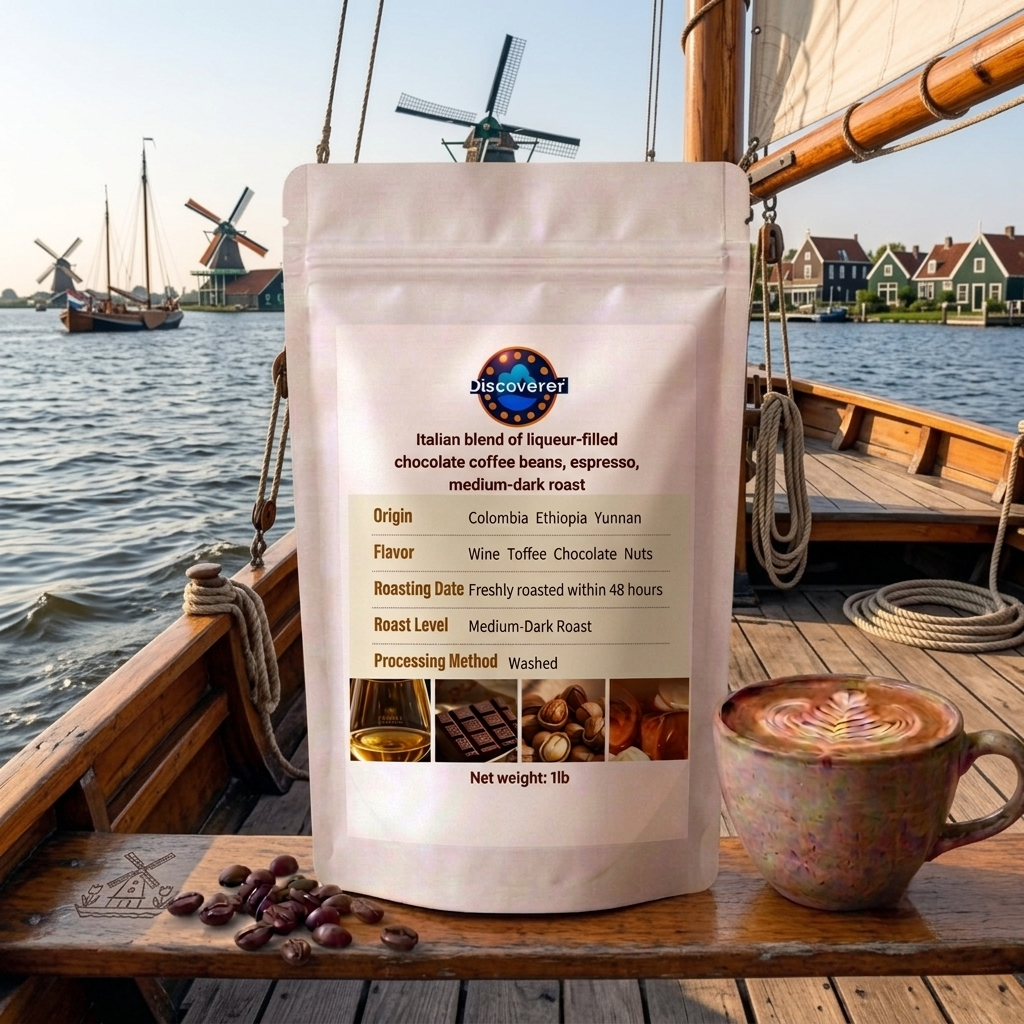 Italian blend of liqueur-filled chocolate coffee beans, espresso, medium-dark roast